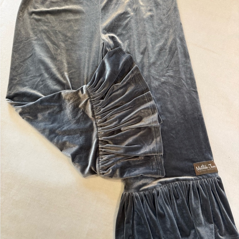 Grey Velvet Ruffle Bottom Pants